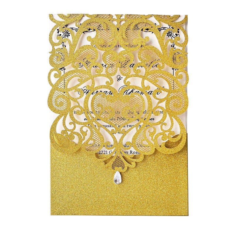 Hosmsua 50PCS Blank Wedding Invitation Cards 5 x 7.3 Inch Gold Laser Cut Hollow Heart Floral Invitation with Rhinestone pockets invitations for Engagement Quinceanera Invite (Gold Glitter) - Image 1